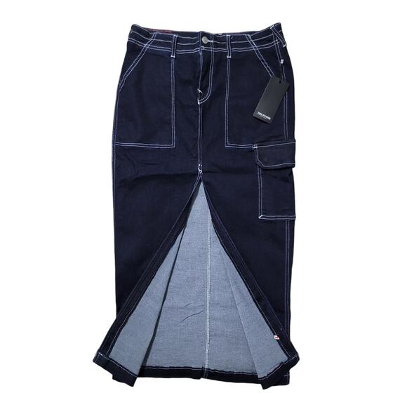 True Religion Women's Denim Slit Cargo Maxi Skirt, Size 28, Body Rinse Dark Blue - Picture 2 of 9
